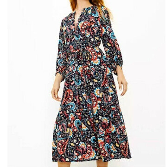 LOFT shimmer paisley BoHo gypsy floral print midi dress, ties at the waist. - Picture 1 of 14